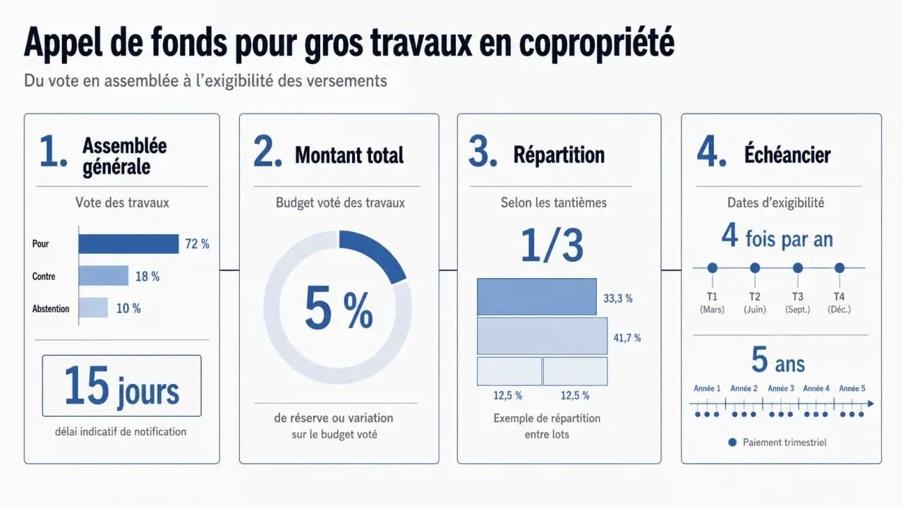 Appel de fonds pour gros travaux copropriété : schéma du vote en assemblée générale, de la répartition en tantièmes et de l'échéancier