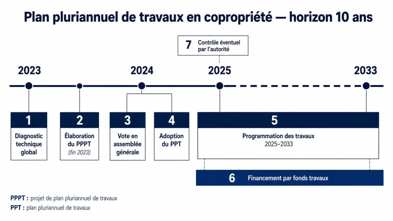 Plan pluriannuel de travaux copropriété : frise chronologique des obligations, du vote en assemblée générale et du financement des travaux