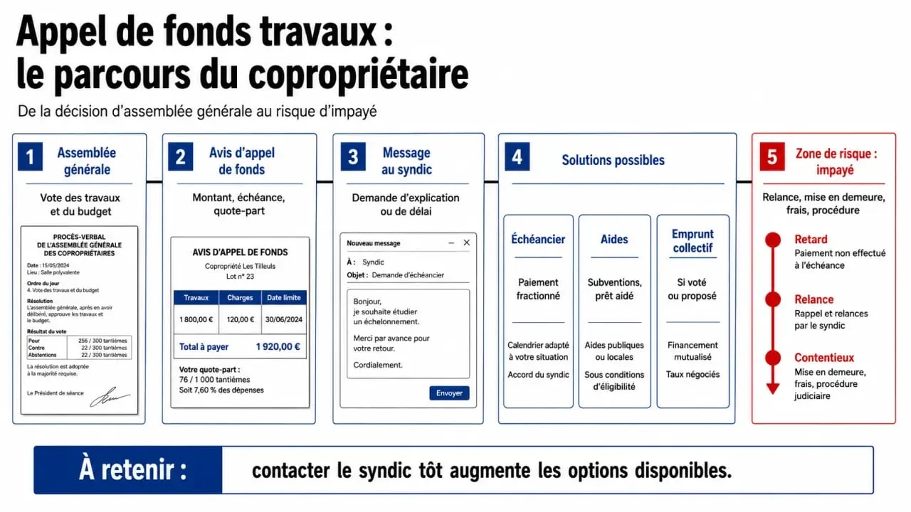 Je ne peux pas payer les travaux de la copropriété : schéma des démarches et des risques