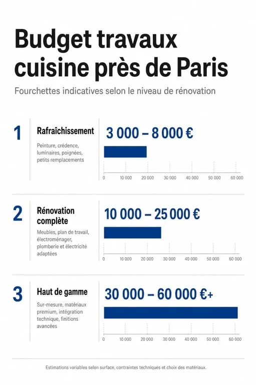 Travaux cuisine prix près de Paris France : infographie des budgets de rénovation par niveau de travaux