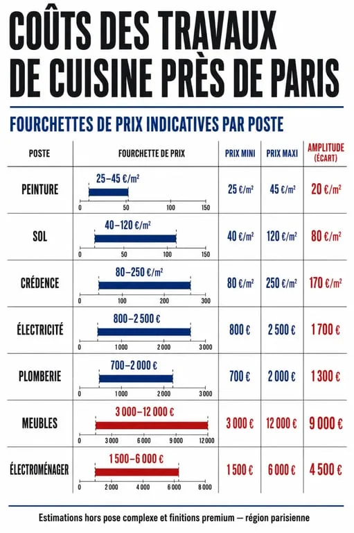 Travaux cuisine prix près de Paris France : comparatif des coûts par poste de travaux