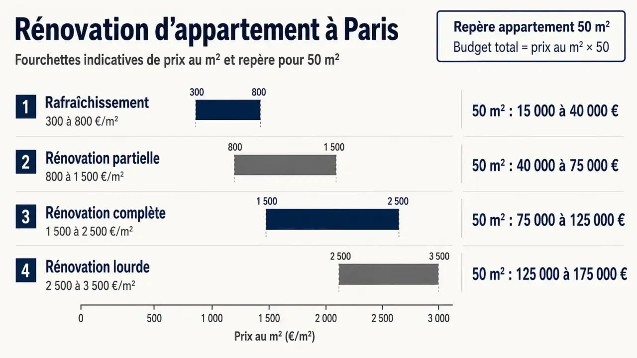 Prix au m2 de renovation paris : comparaison visuelle des budgets selon le niveau de travaux à Paris