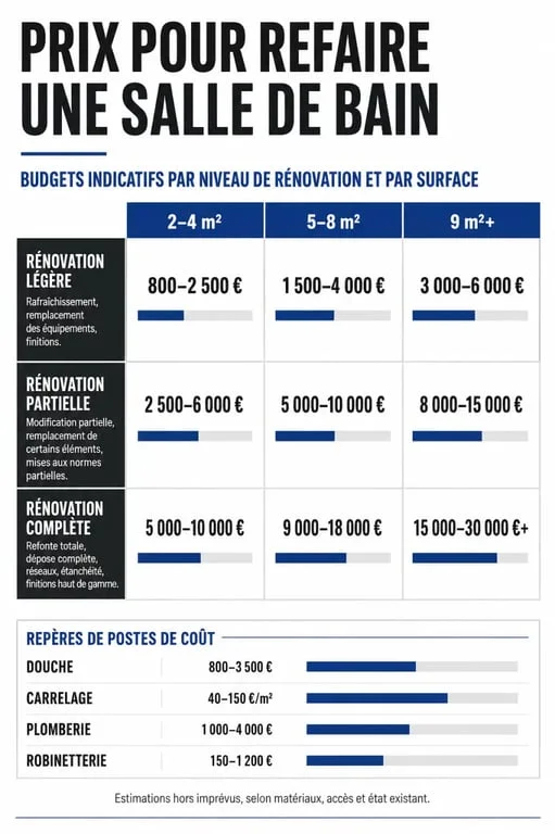 Prix pour refaire une salle de bain : infographie comparative des budgets selon la surface et le niveau de rénovation