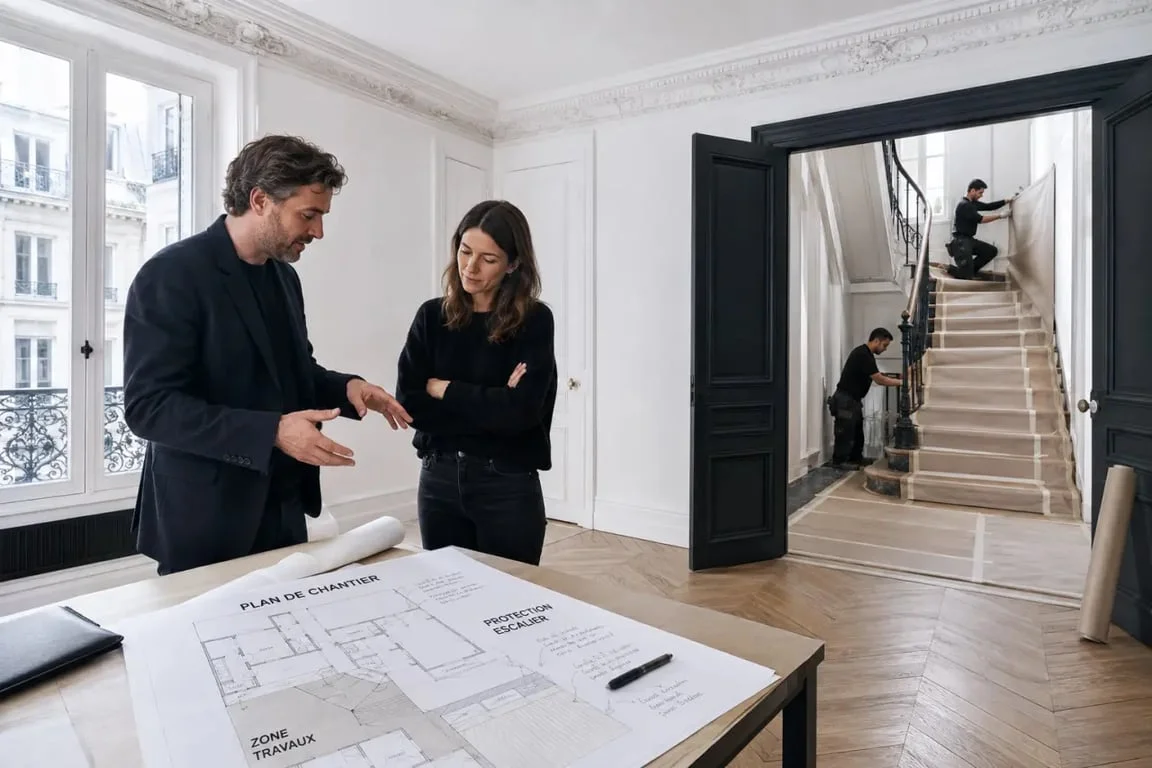 Chantier de renovation appartement Paris dans un immeuble ancien avec copropriété et accès étroits