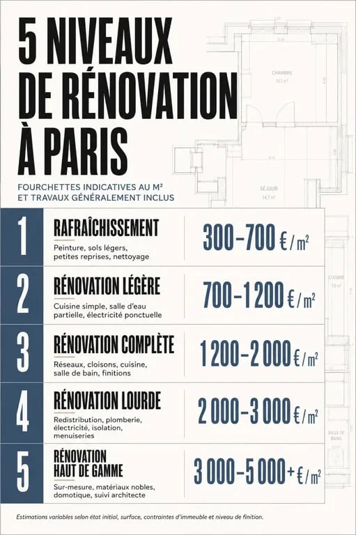 Rénovation d'appartement a paris : comparaison des niveaux de travaux et des prix au m²