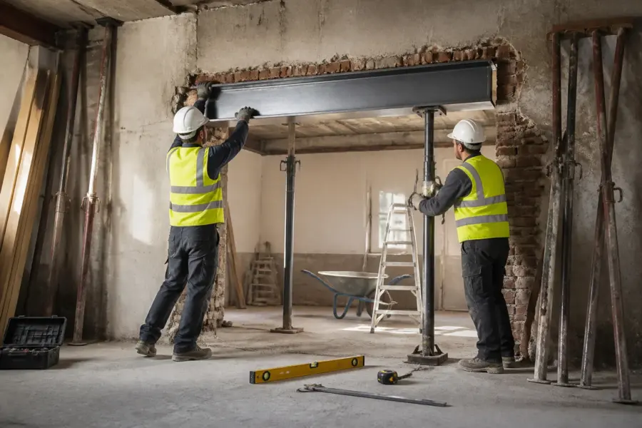 Installation dune poutre ipn sur un chantier